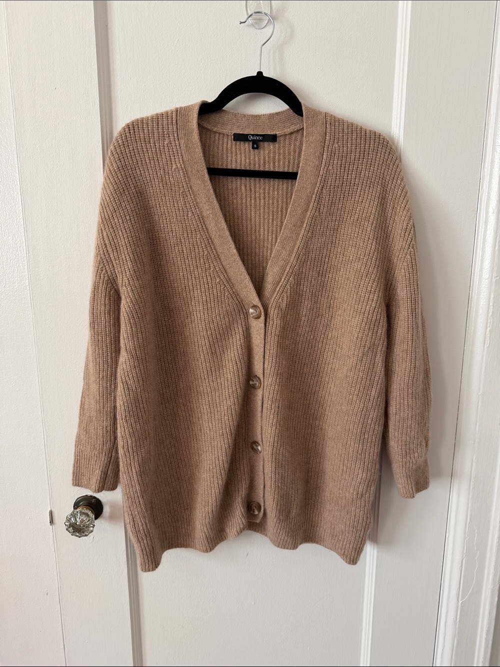 Womens Beige Cashmere Button-Front V-Neck Cardigan Sweater - Picture 3 of 9
